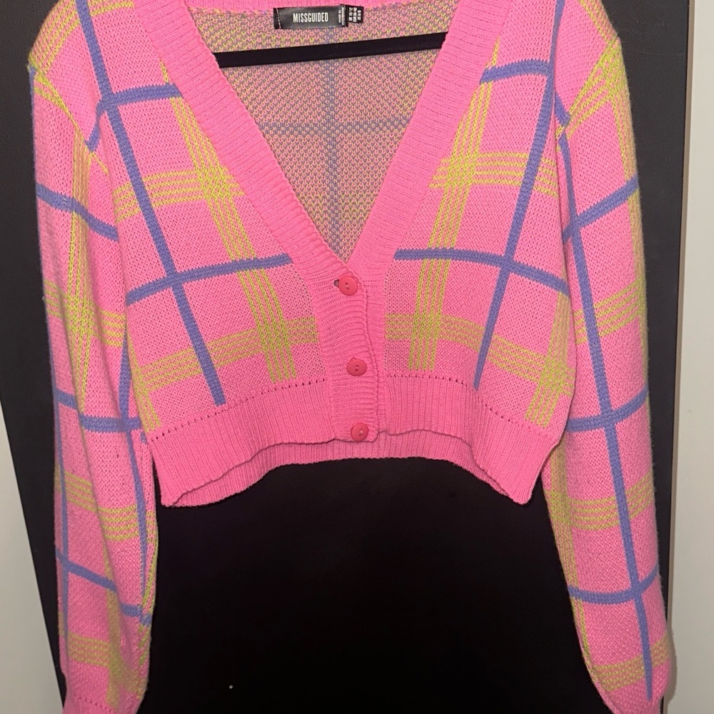Missguided Pink and Yellow Plaid Cardigan